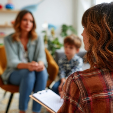 Family therapy session with a mother and her son, psychologist writing notes during consultation in bright playroom